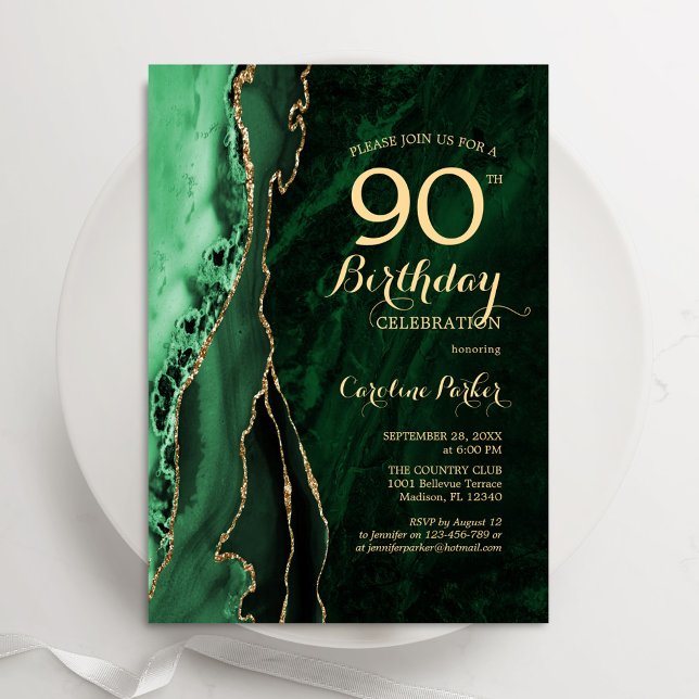 Emerald Green Gold Agate 90th Birthday Invitation (Creator Uploaded)