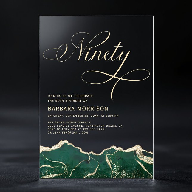 Emerald Green Gold Agate 90th Ninety Birthday Acrylic Invitations (Creator Uploaded)