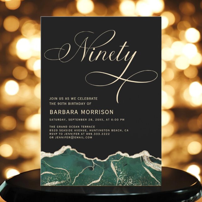 Emerald Green Gold Agate 90th Ninety Birthday Invitation (Creator Uploaded)