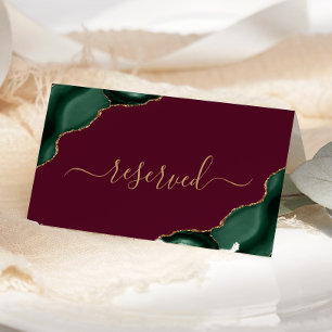 Emerald Green Gold Agate Burgundy Reserved Wedding Place Card