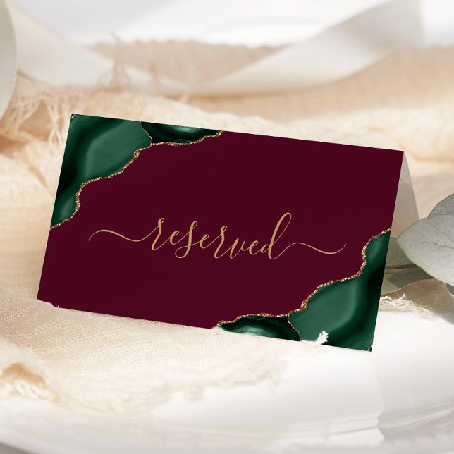 Emerald Green Gold Agate Burgundy Reserved Wedding Place Card (Creator Uploaded)