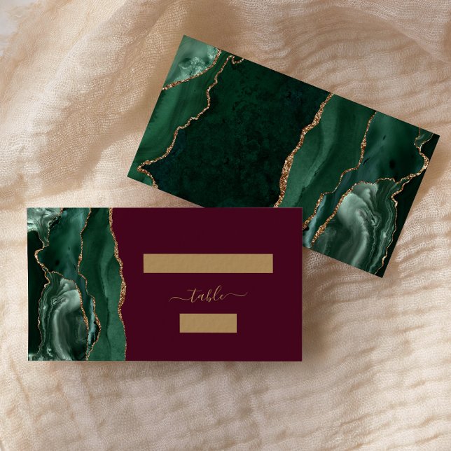 Emerald Green Gold Agate Burgundy Wedding Escort Place Card (Creator Uploaded)