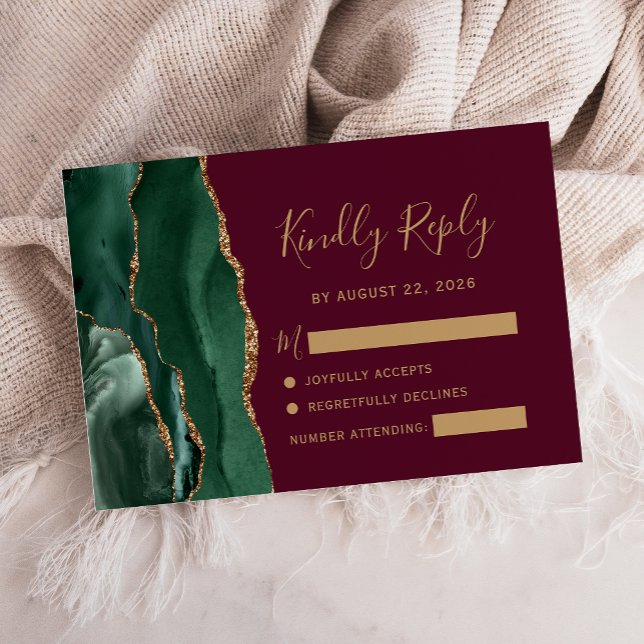 Emerald Green Gold Agate Burgundy Wedding RSVP Card (Creator Uploaded)