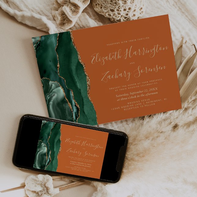 Emerald Green Gold Agate Burnt Orange Wedding Invitation (Creator Uploaded)