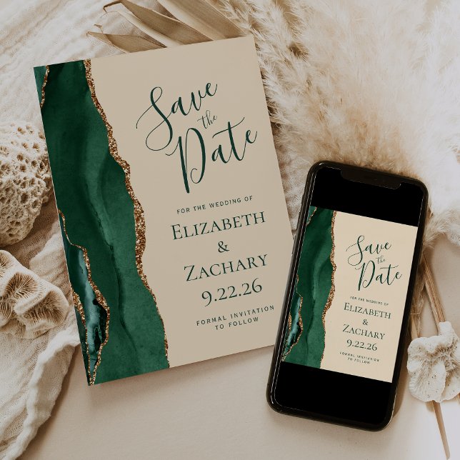 Emerald Green Gold Agate Champagne Save the Date (Creator Uploaded)
