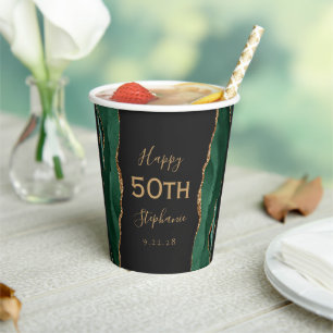 Emerald Green Gold Agate Dark 50th Birthday Paper Cups