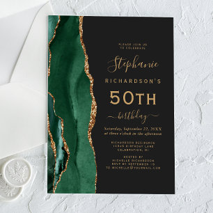 Emerald Green Gold Agate Dark 50th Birthday Party Acrylic Invitations