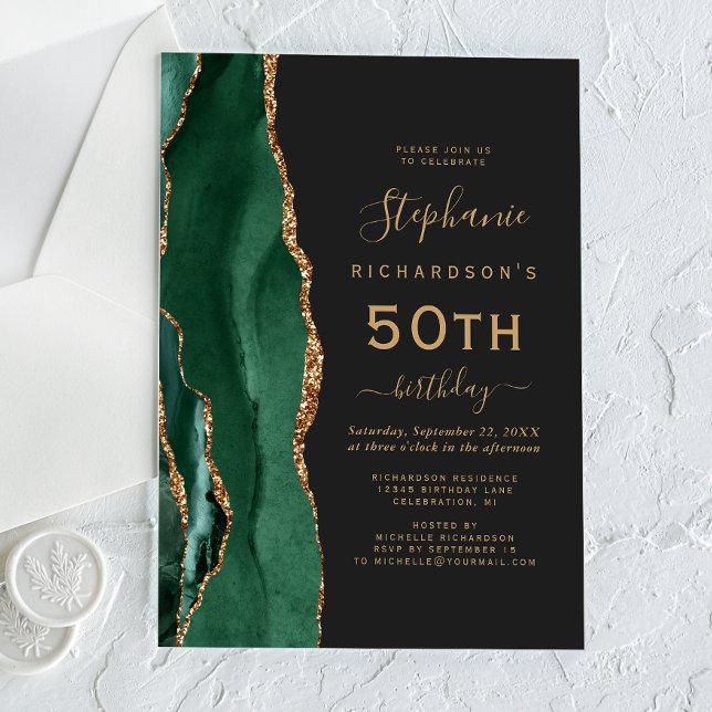 Emerald Green Gold Agate Dark 50th Birthday Party Acrylic Invitations (Creator Uploaded)