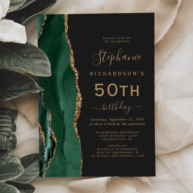 Emerald Green Gold Agate Dark 50th Birthday Party Invitation (Creator Uploaded)