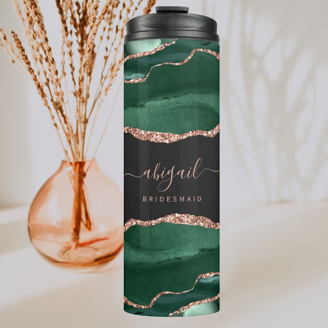 Emerald Green Gold Agate Dark Bridesmaid Wedding Thermal Tumbler (Creator Uploaded)