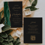 Emerald Green Gold Agate Dark QR Code Wedding Invitation<br><div class="desc">The left-hand edge of this elegant modern wedding invitation features an emerald green watercolor agate border trimmed with faux gold glitter. The customisable text combines gold-coloured script and sans serif fonts on a slate black background. The reverse side provides space for wedding details on a solid slate black background, along...</div>