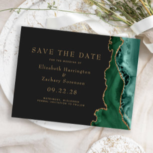 Emerald Green Gold Agate Dark Save the Date Postcard