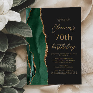 Emerald Green Gold Agate Dark Script 70th Birthday Invitation
