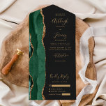 Emerald Green Gold Agate Dark Wedding All In One Invitation<br><div class="desc">The left-hand edge of this elegant modern all-in-one wedding invitation and RSVP features an emerald green watercolor agate border trimmed with faux gold glitter. The customisable text combines gold-coloured whimsical handwriting script, copperplate and italic fonts on a slate black background. The return address appears on the outside flap and the...</div>