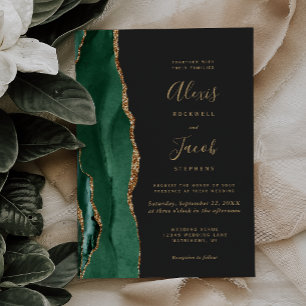 Emerald Green Gold Agate Dark Wedding Invitation
