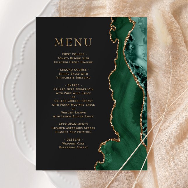 Emerald Green Gold Agate Dark Wedding Menu (Creator Uploaded)