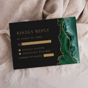 Emerald Green Gold Agate Dark Wedding RSVP Card