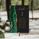Emerald Green Gold Agate Dark Wedding Table Number<br><div class="desc">The left-hand edge of this elegant modern wedding table number card features an emerald green watercolor agate border trimmed with faux gold glitter. The word "table" appears in gold-coloured handwriting script on an off-black background. Add the names of your guests who are assigned to each table.</div>