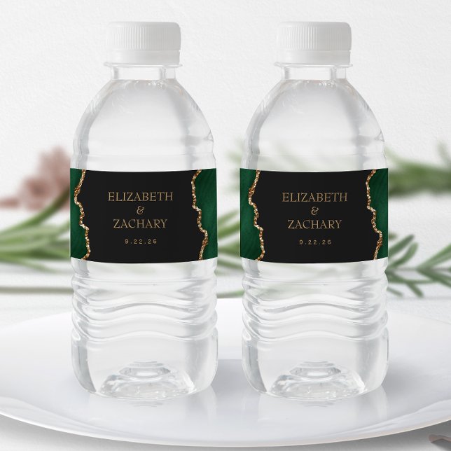 Emerald Green Gold Agate Dark Wedding Water Bottle Label (Creator Uploaded)