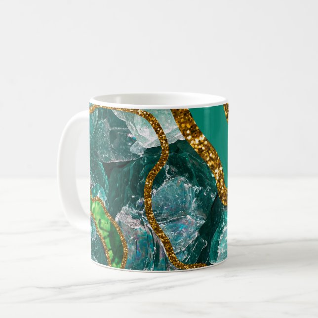 Emerald Green & Gold Agate Geode Glitter Coffee Mug (Front Left)
