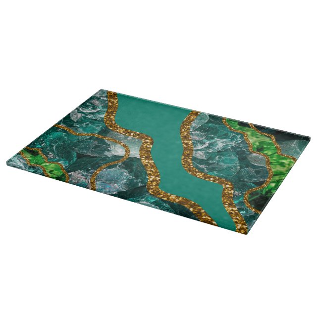Emerald Green & Gold Agate Geode Glitter Cutting Board (Corner)