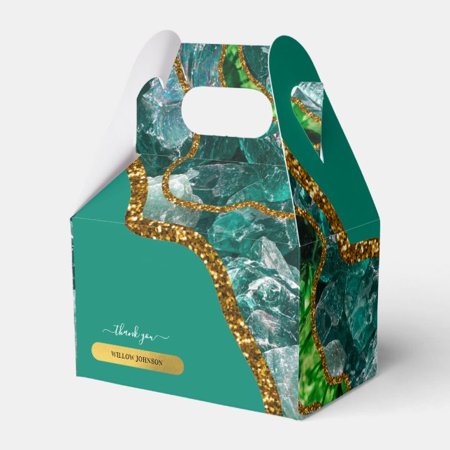 Emerald Green & Gold Agate Geode Glitter Favour Box (Front Side)