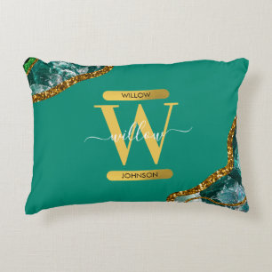 Emerald Green & Gold Agate Geode Glitter Monogram Decorative Cushion