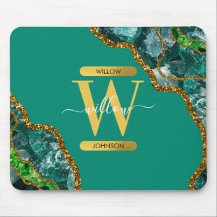 Emerald Green & Gold Agate Geode Glitter Monogram Mouse Pad