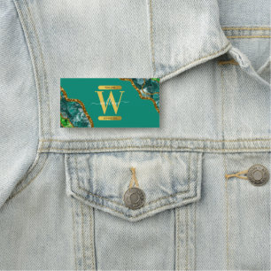 Emerald Green & Gold Agate Geode Glitter Monogram Name Tag