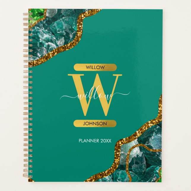 Emerald Green & Gold Agate Geode Glitter Monogram Planner (Front)