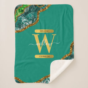 Emerald Green & Gold Agate Geode Glitter Monogram Sherpa Blanket