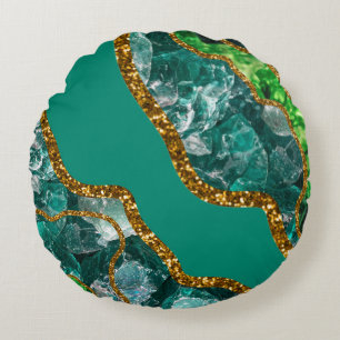 Emerald Green & Gold Agate Geode Glitter Round Cushion