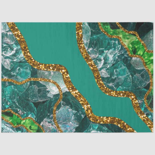 Emerald Green & Gold Agate Geode Glitter Tissue Paper (Front)