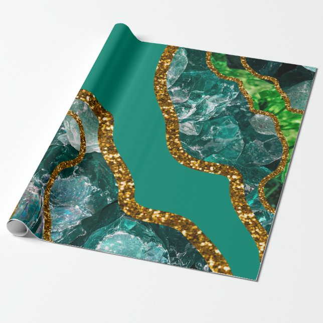 Emerald Green & Gold Agate Geode Glitter Wrapping Paper (Unrolled)