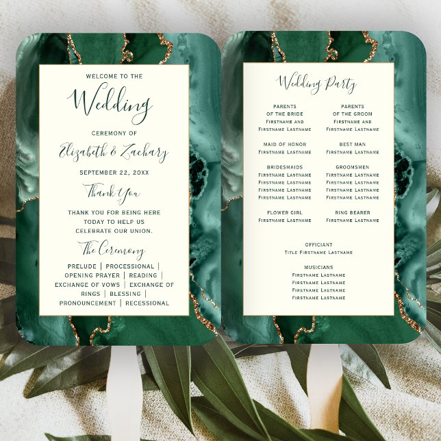 Emerald Green Gold Agate Ivory Wedding Program Hand Fan (Creator Uploaded)