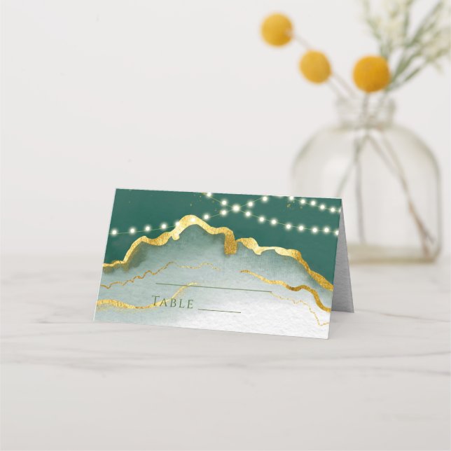 Emerald Green Gold Agate Lights Wedding Registry Place Card (Front)
