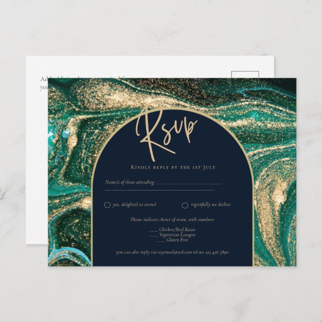 Emerald Green Gold Agate Marble Wedding RSVP Postcard (Front/Back)