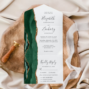 Emerald Green Gold Agate Meal Options Wedding All In One Invitation