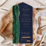 Emerald Green Gold Agate Navy Blue Wedding All In One Invitation<br><div class="desc">The left-hand edge of this elegant modern all-in-one wedding invitation and RSVP features an emerald green watercolor agate border trimmed with faux gold glitter. The customisable text combines gold-coloured whimsical handwriting script, copperplate and italic fonts on a navy blue background. The return address appears on the outside flap and the...</div>