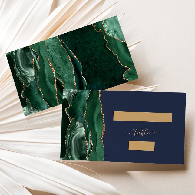 Emerald Green Gold Agate Navy Blue Wedding Escort Place Card (Creator Uploaded)