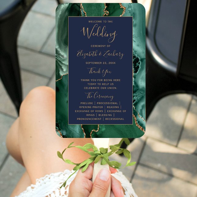 Emerald Green Gold Agate Navy Blue Wedding Program Hand Fan (Creator Uploaded)