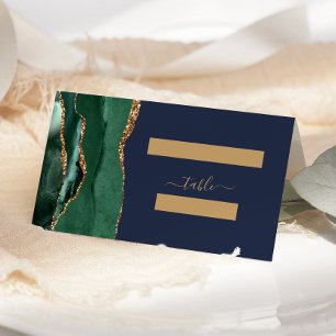 Emerald Green Gold Agate Navy Blue Wedding Table Place Card