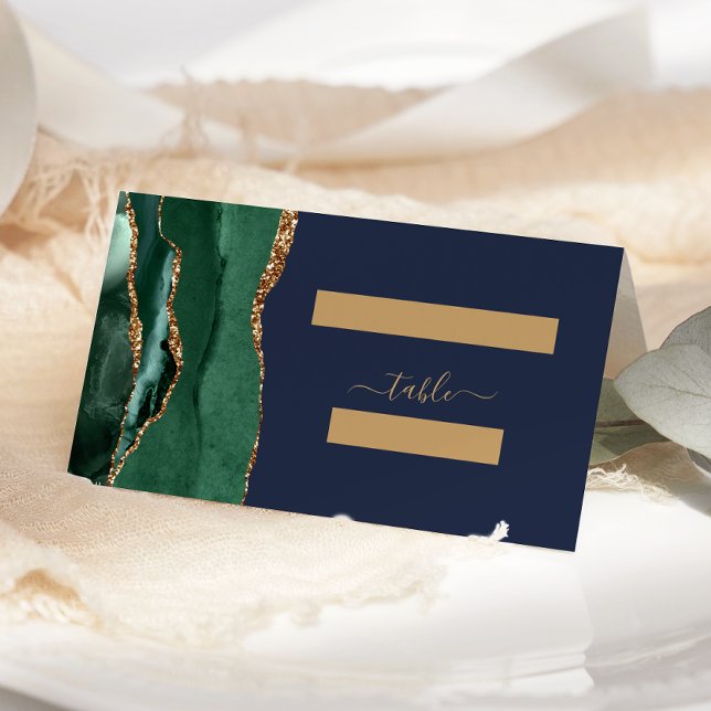 Emerald Green Gold Agate Navy Blue Wedding Table Place Card (Creator Uploaded)