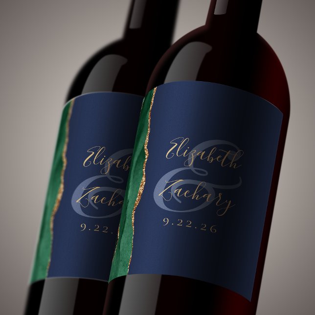 Emerald Green Gold Agate Navy Blue Wedding Wine Label (Creator Uploaded)