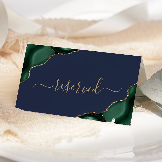Emerald Green Gold Agate Navy Reserved Wedding Place Card (Creator Uploaded)