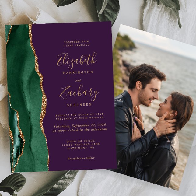Emerald Green Gold Agate Photo Purple Wedding Invitation (Creator Uploaded)