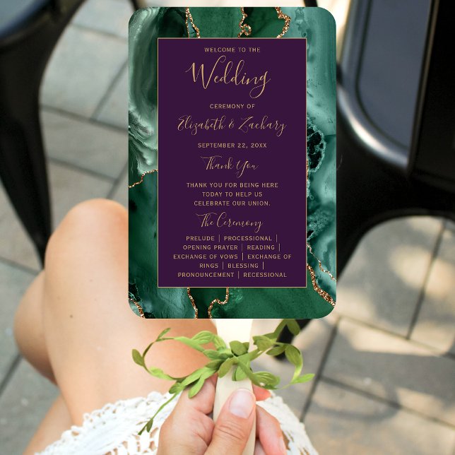 Emerald Green Gold Agate Purple Wedding Program Hand Fan (Creator Uploaded)
