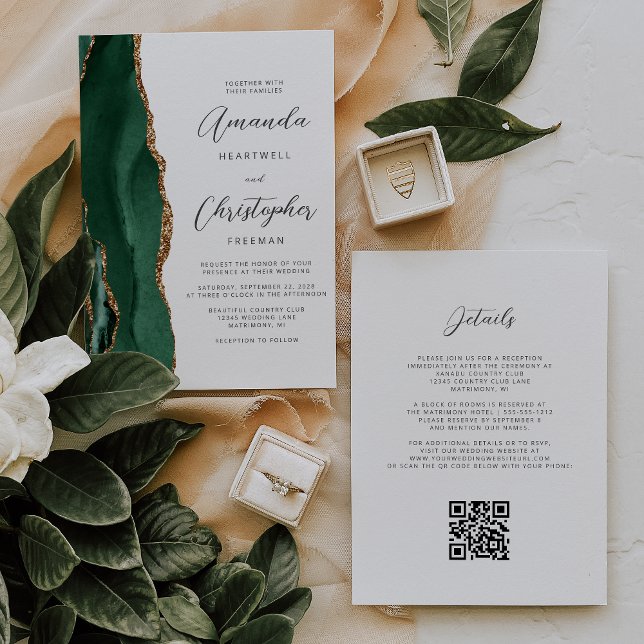 Emerald Green Gold Agate QR Code Wedding Invitation (Creator Uploaded)