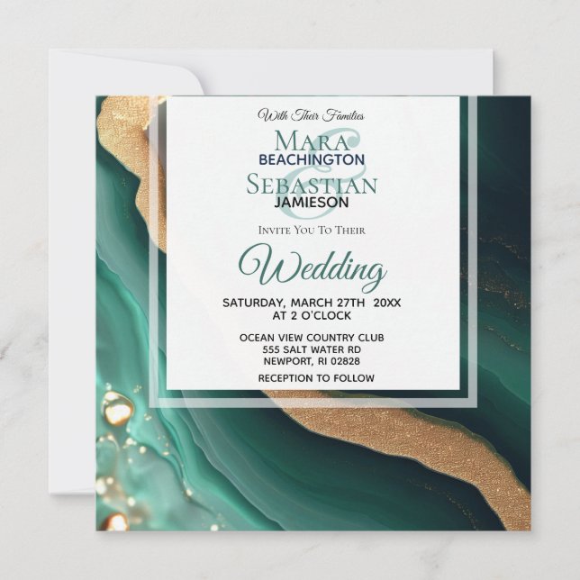 *~* EMERALD GREEN GOLD Agate RSVP QR  AR66 Wedding Invitation (Front)