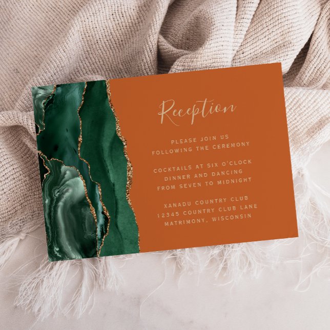 Emerald Green Gold Agate Rust Wedding Reception Enclosure Card (Creator Uploaded)